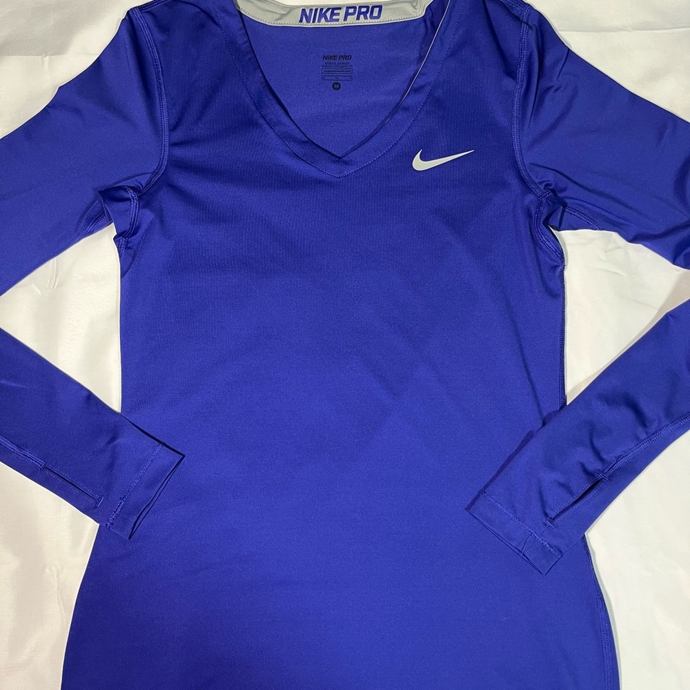 Nike Pro Dri-FIT Blue Compression Top M Thumb Holes V-Neck Athletic